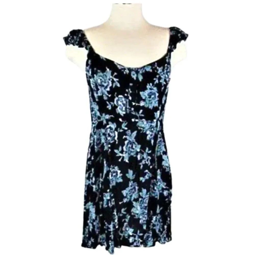 Sleeveless Dress Flutter Shoulder Straps Back Smocking Blue Floral Women's Sz L
